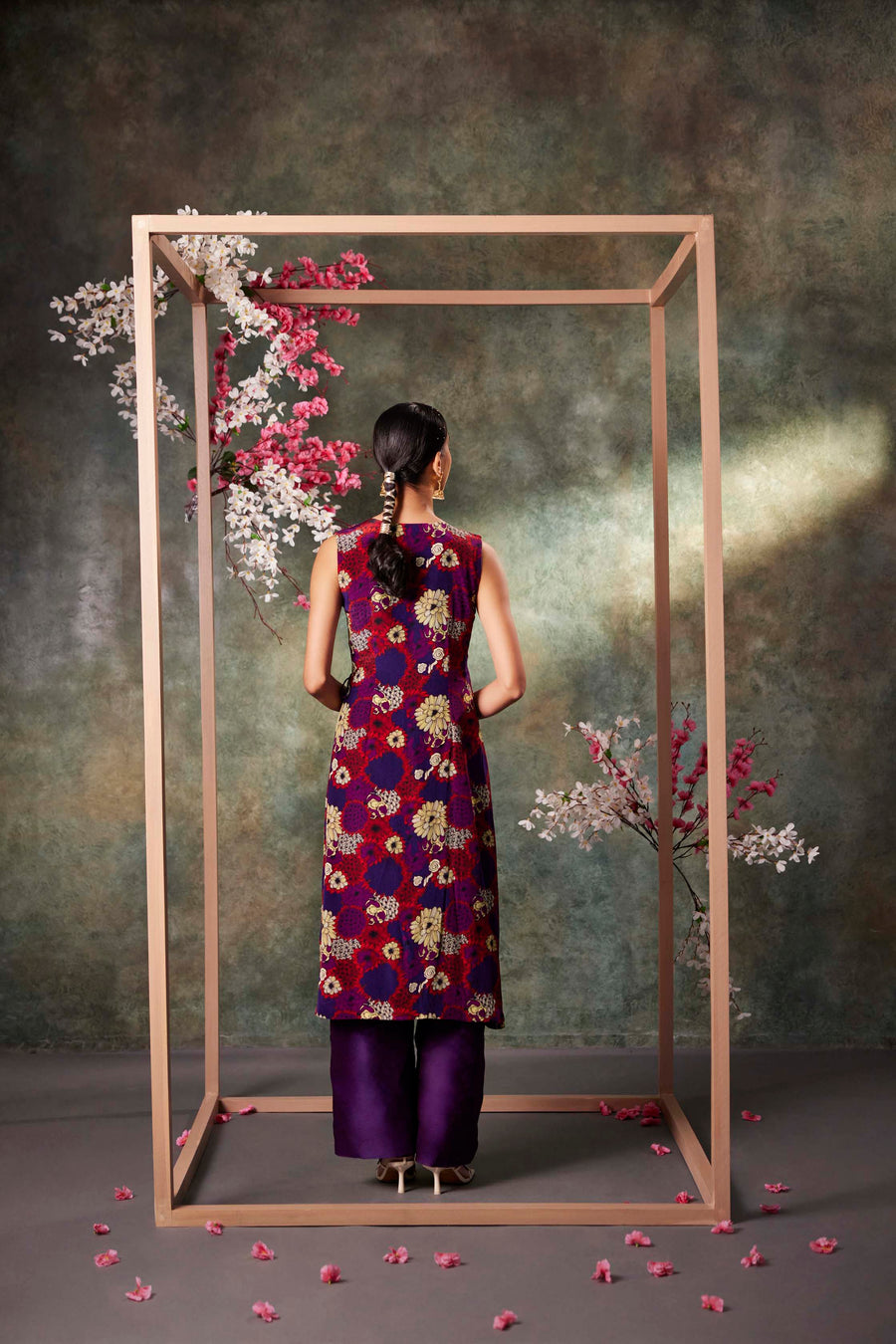 Purple Printed Overlap Kurta And Pants Set With Embroidery