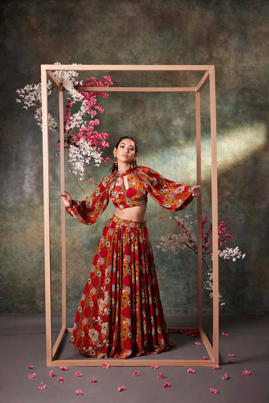 Orange Printed Balloon Sleeves Top And Lehenga Set With Embroidery