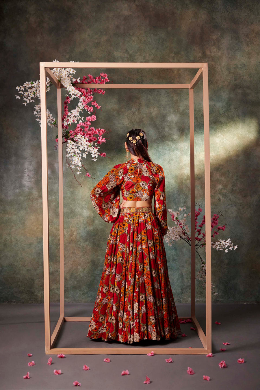 Orange Printed Balloon Sleeves Top And Lehenga Set With Embroidery