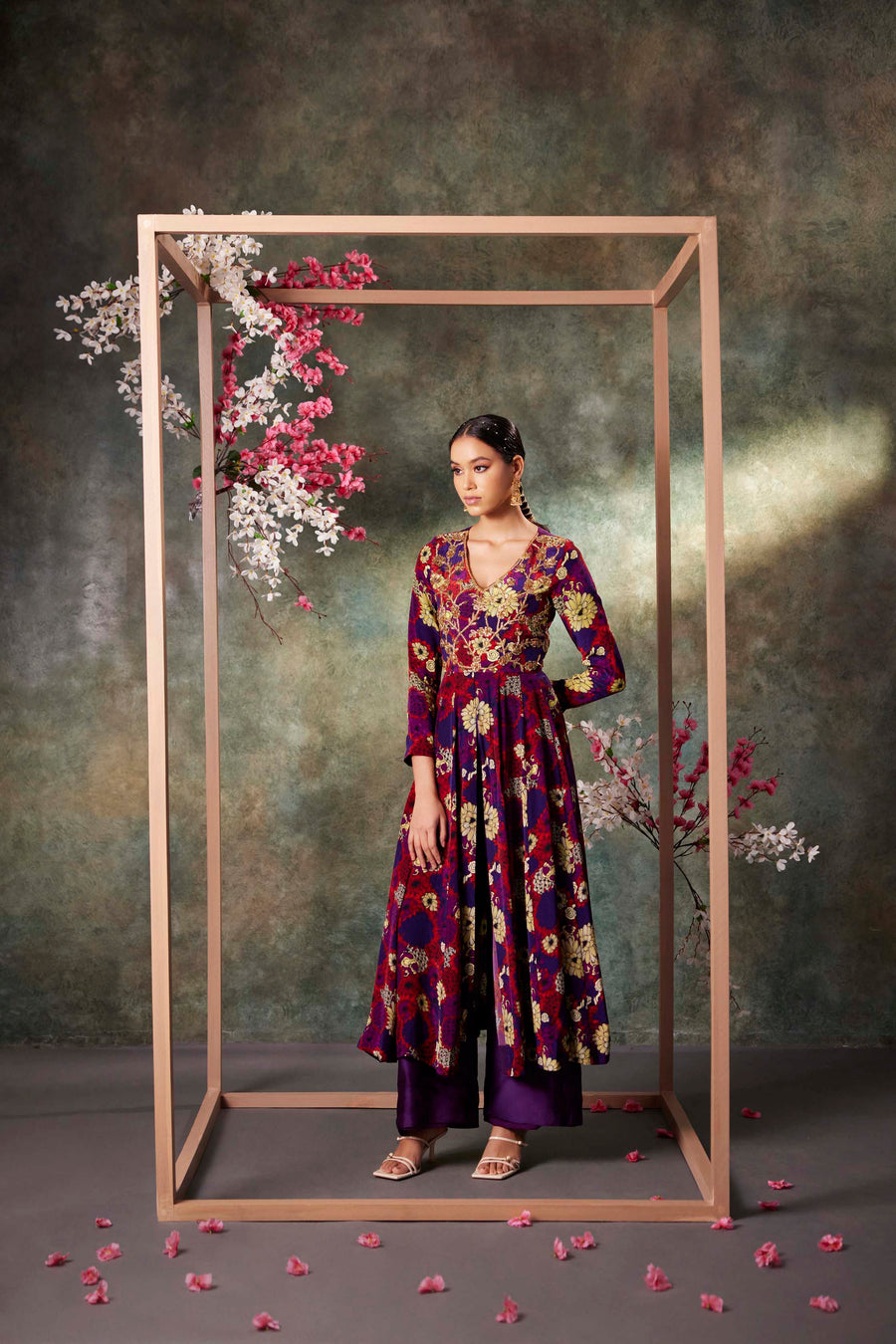 Purple Printed Anarkali And Pants Set With Embroidery