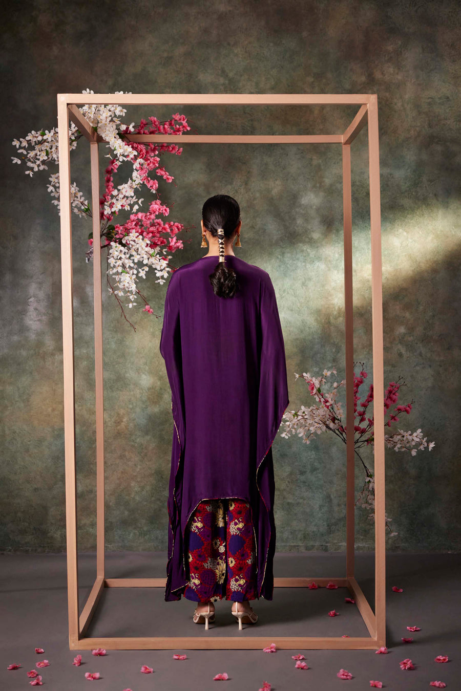 Purple Kaftan Kurta And Printed Pants Set With Embroidery