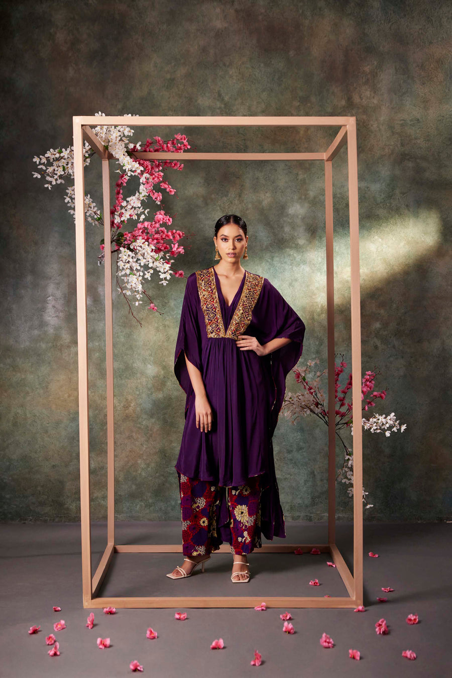 Purple Kaftan Kurta And Printed Pants Set With Embroidery