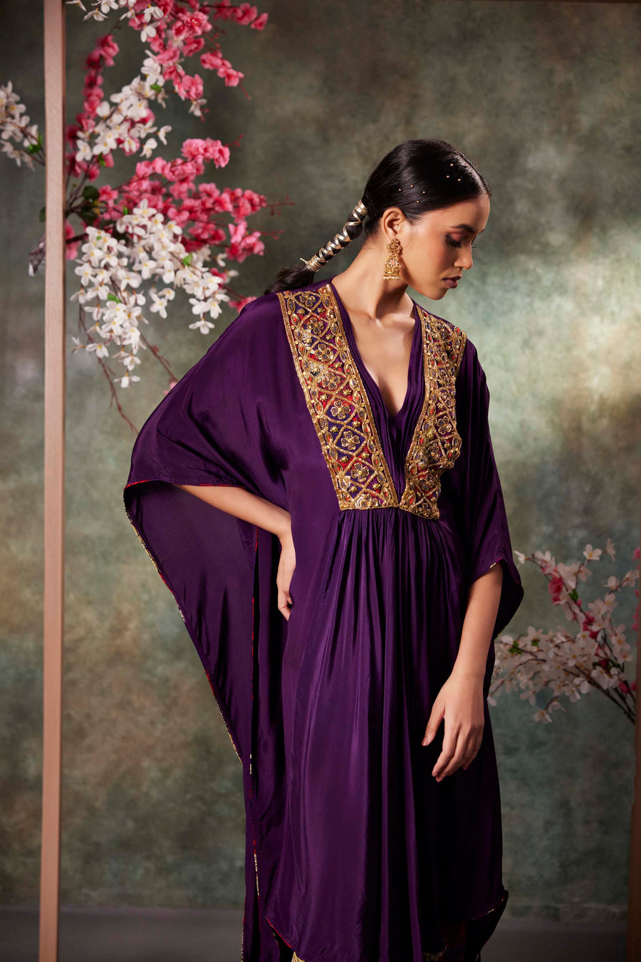 Purple Kaftan Kurta And Printed Pants Set With Embroidery