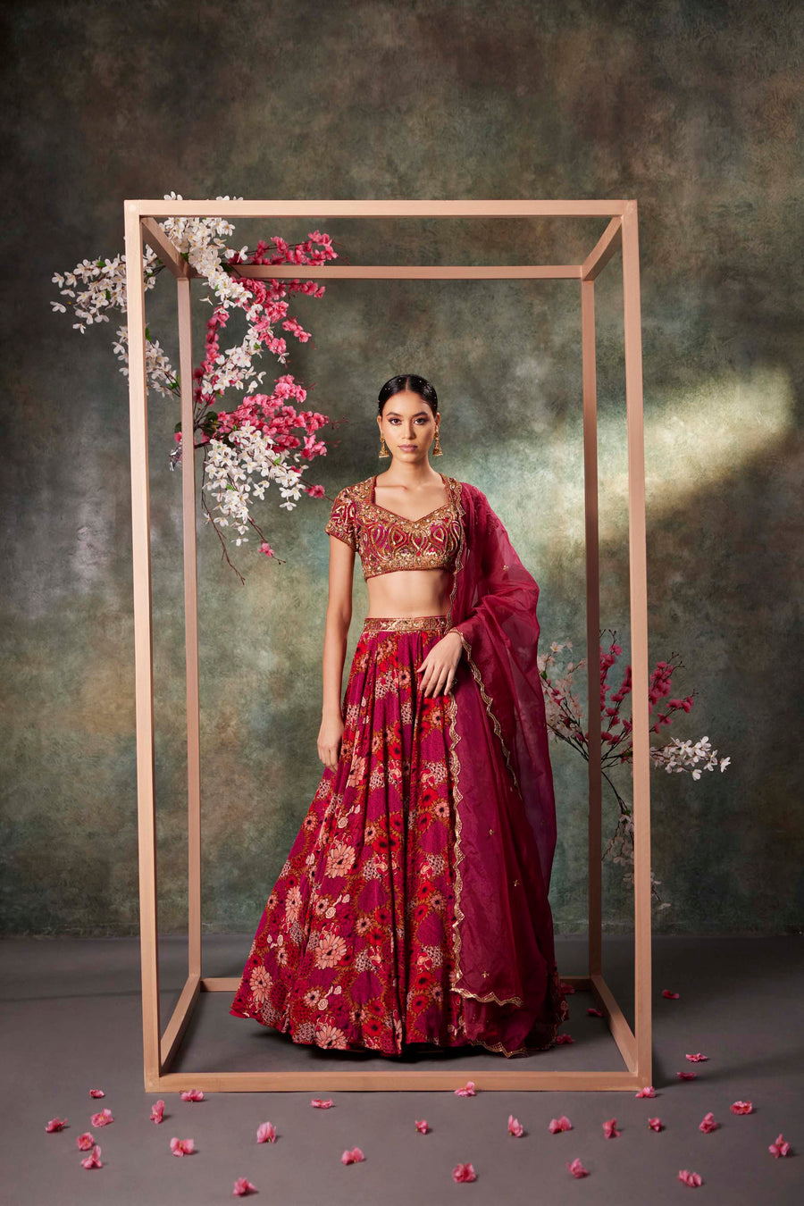 Pink Printed Choli, Lehenga And Dupatta Set With Embroidery