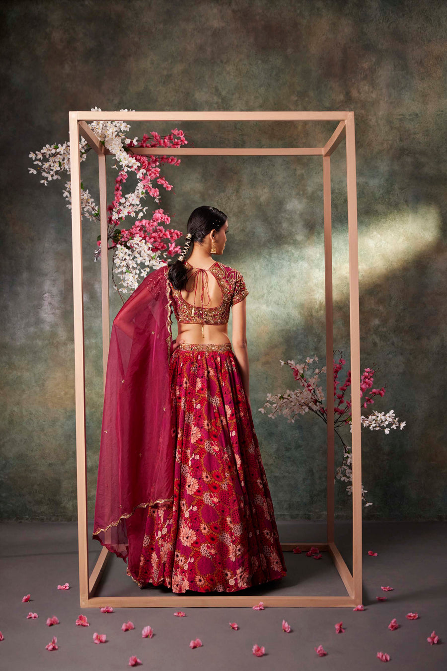 Pink Printed Choli, Lehenga And Dupatta Set With Embroidery