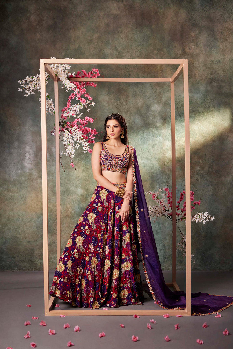 Purple Printed Choli, Lehenga And Dupatta Set With Embroidery