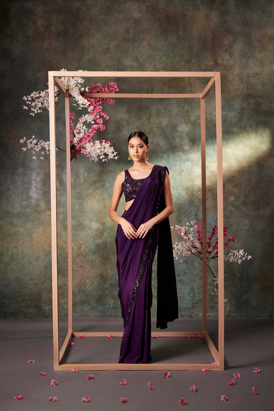 Purple Pre Draped Saree Set