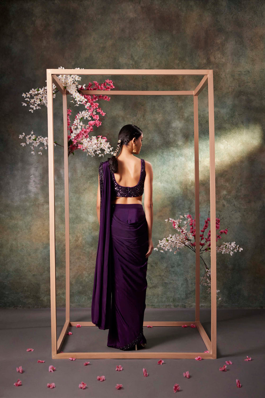 Purple Pre Draped Saree Set