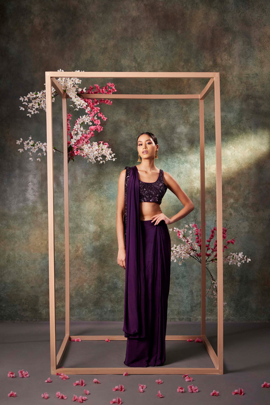 Purple Pre Draped Saree Set