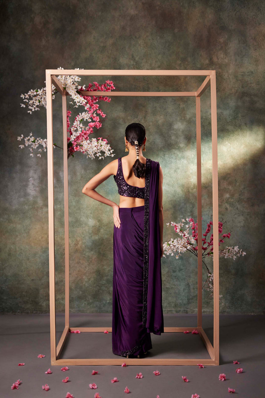 Purple Pre Draped Saree Set