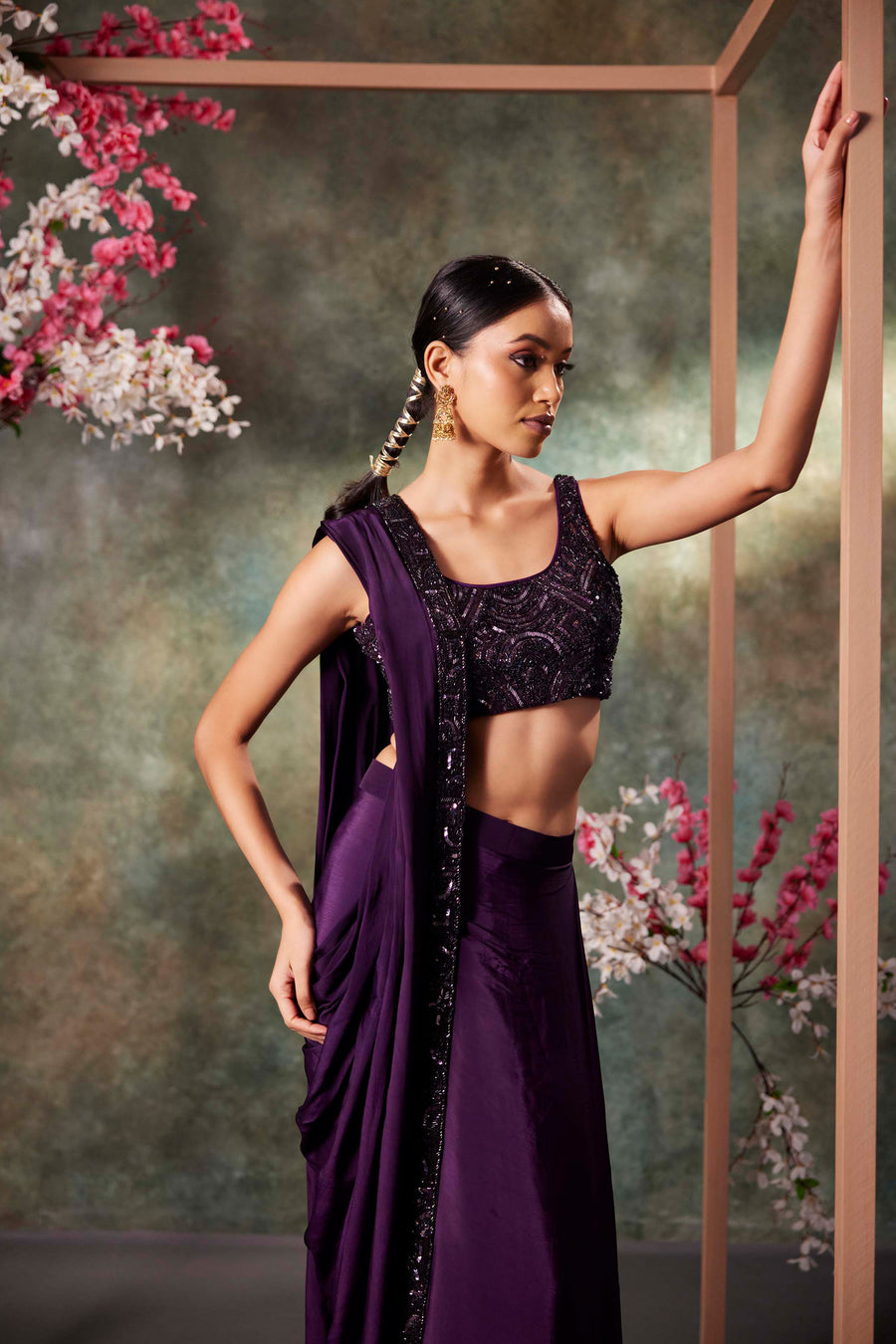 Purple Pre Draped Saree Set