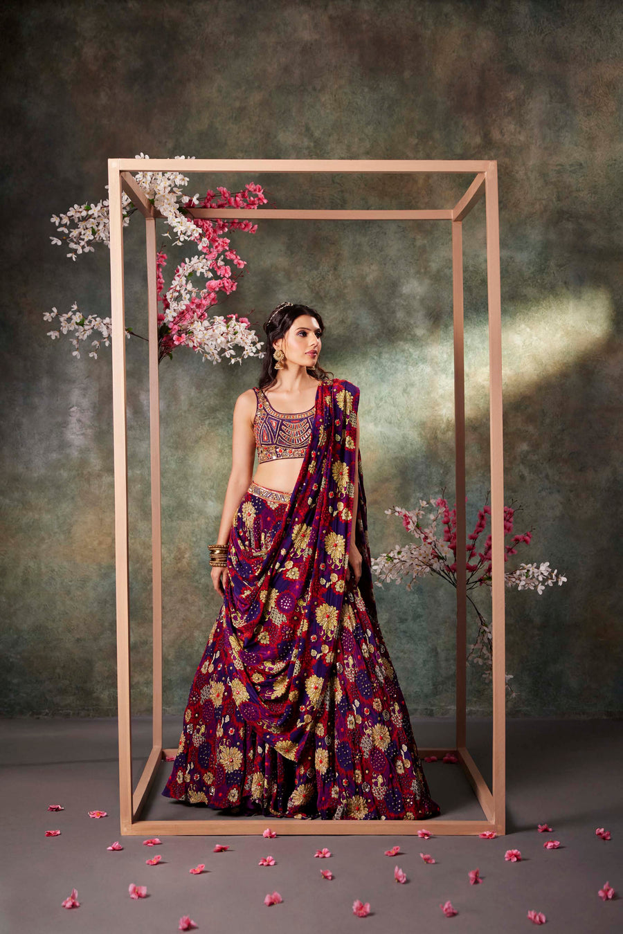 Purple Printed Choli, Lehenga And Dupatta Set With Embroidery