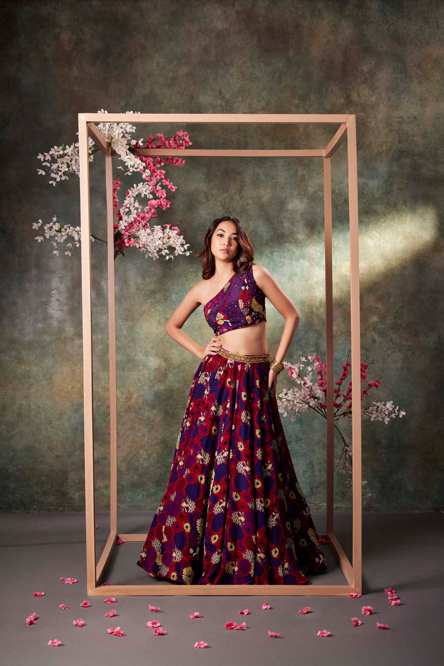 Purple Printed Panel Top And Lehenga Set With Embroidery