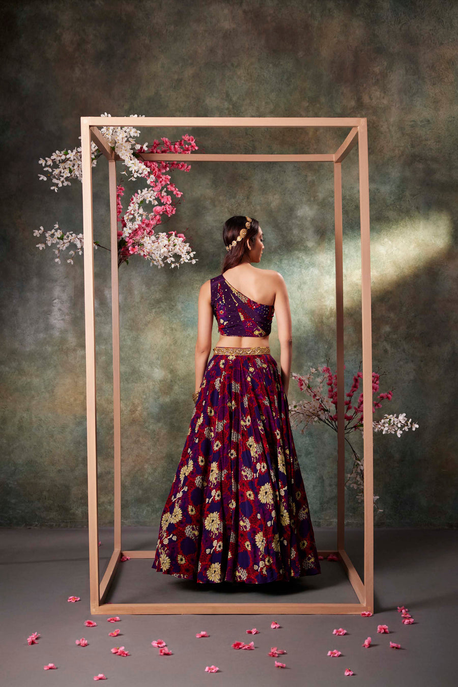 Purple Printed Panel Top And Lehenga Set With Embroidery