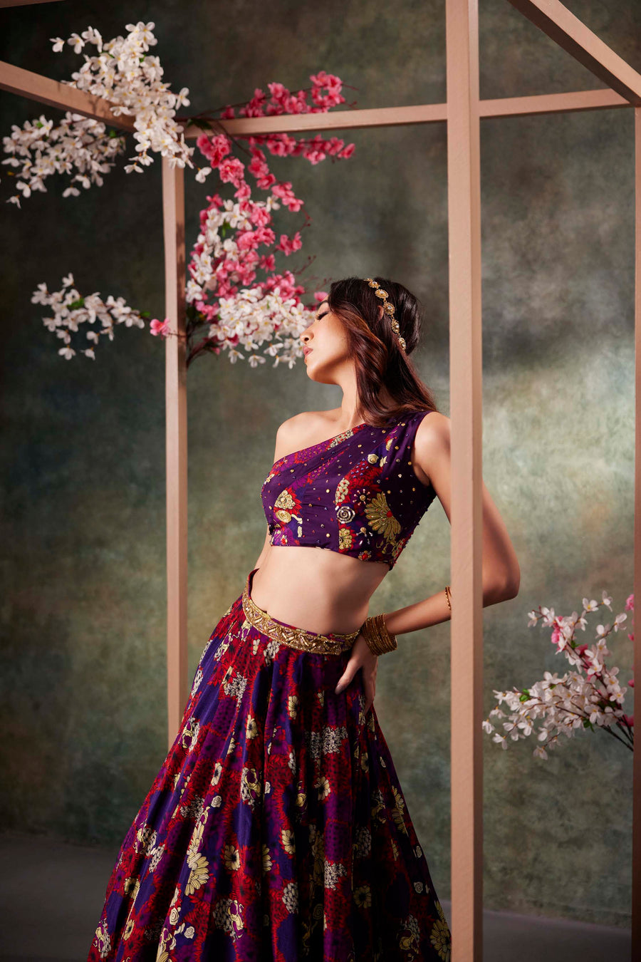 Purple Printed Panel Top And Lehenga Set With Embroidery