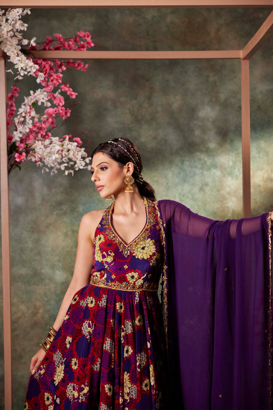 Purple Printed Anarkali And Dupatta Set With Embroidery