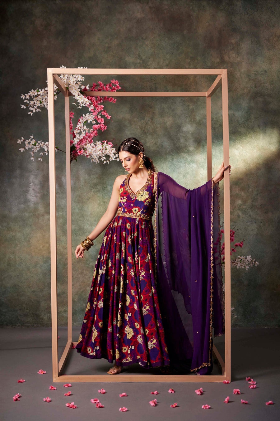 Purple Printed Anarkali And Dupatta Set With Embroidery