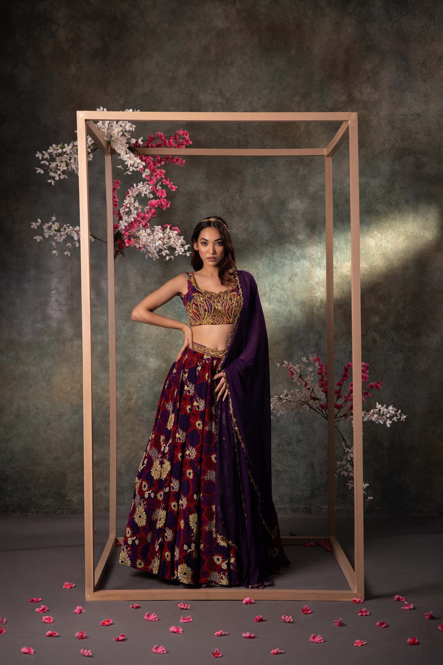 Purple Printed Choli, Lehenga And Dupatta Set With Embroidery