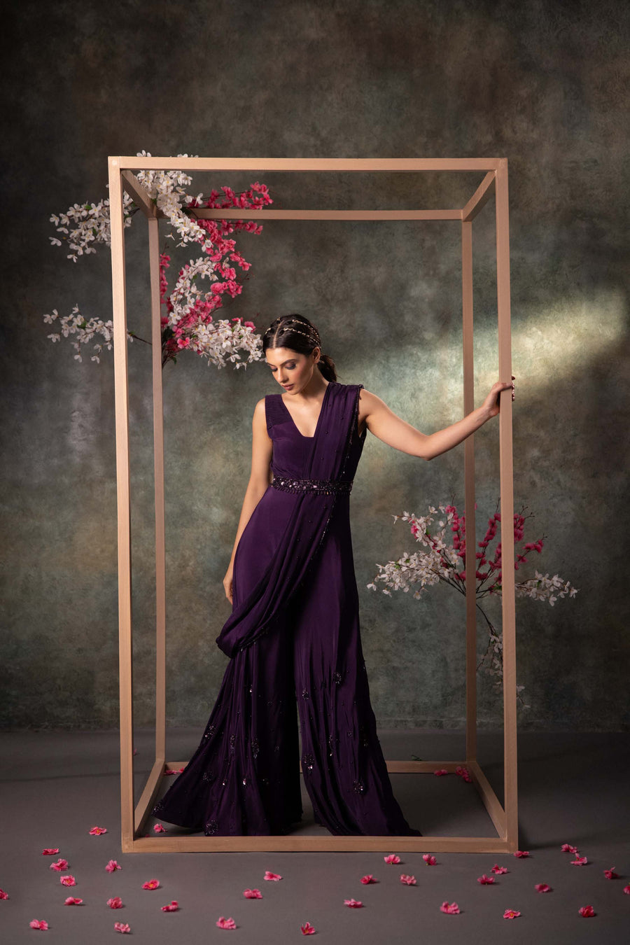 Purple Jumpsuit, Drape And Belt Set With Embroidery