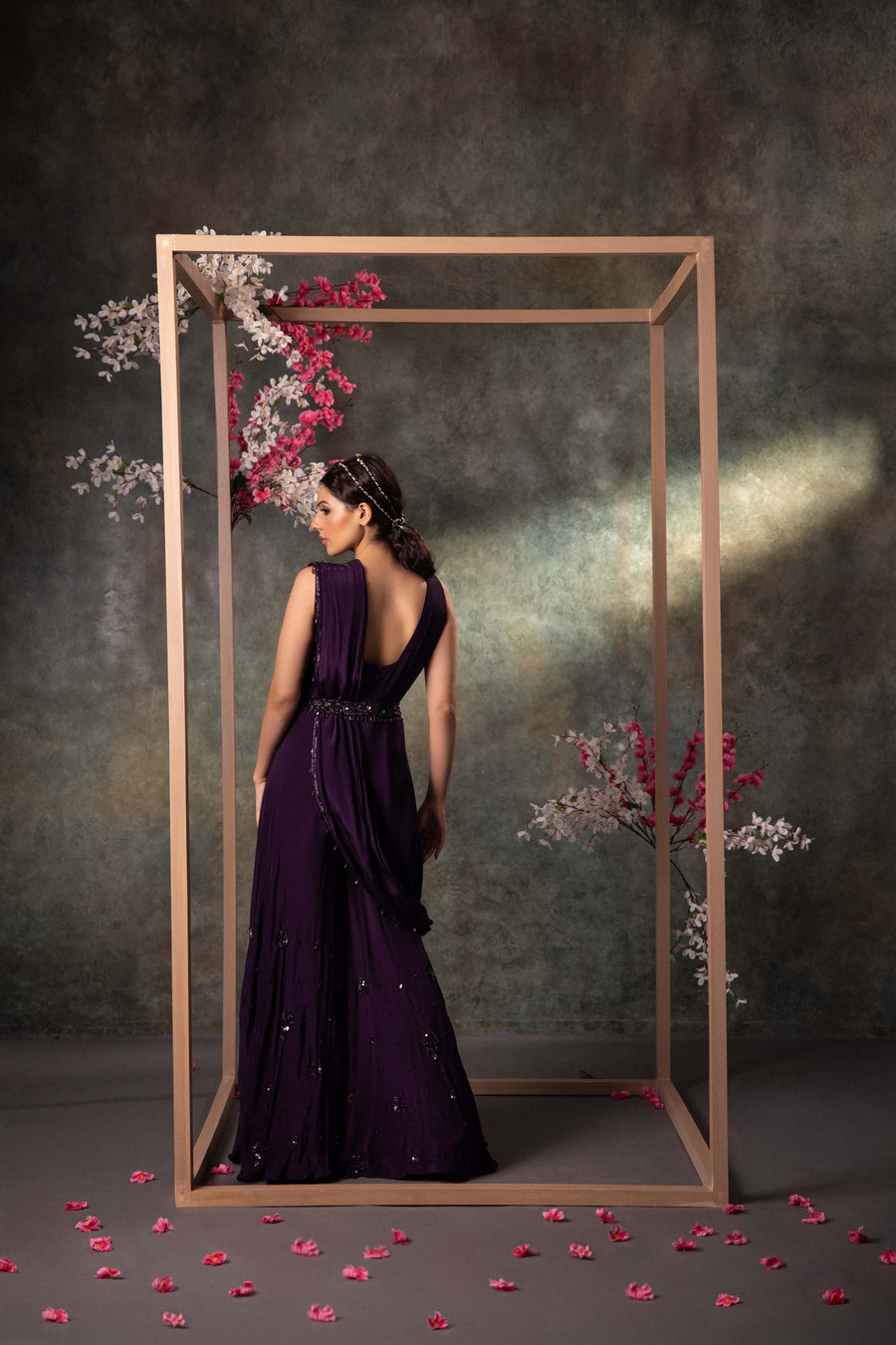 Purple Jumpsuit, Drape And Belt Set With Embroidery