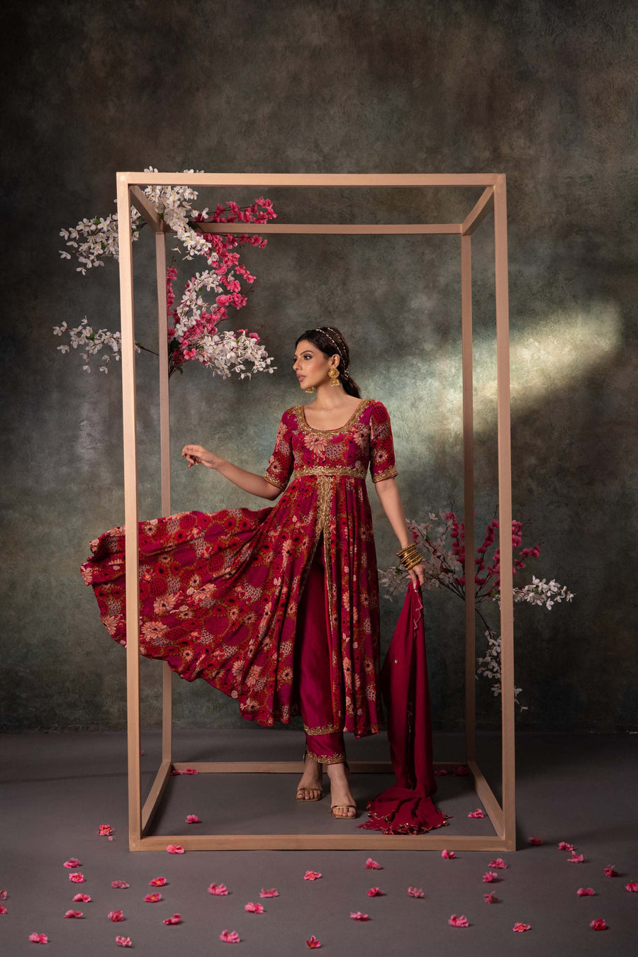 Pink Printed Anarkali, Pants And Dupatta Set With Embroidery