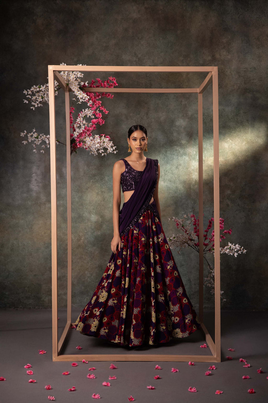 Purple Choli, Lehenga And Dupatta Set With Embroidery