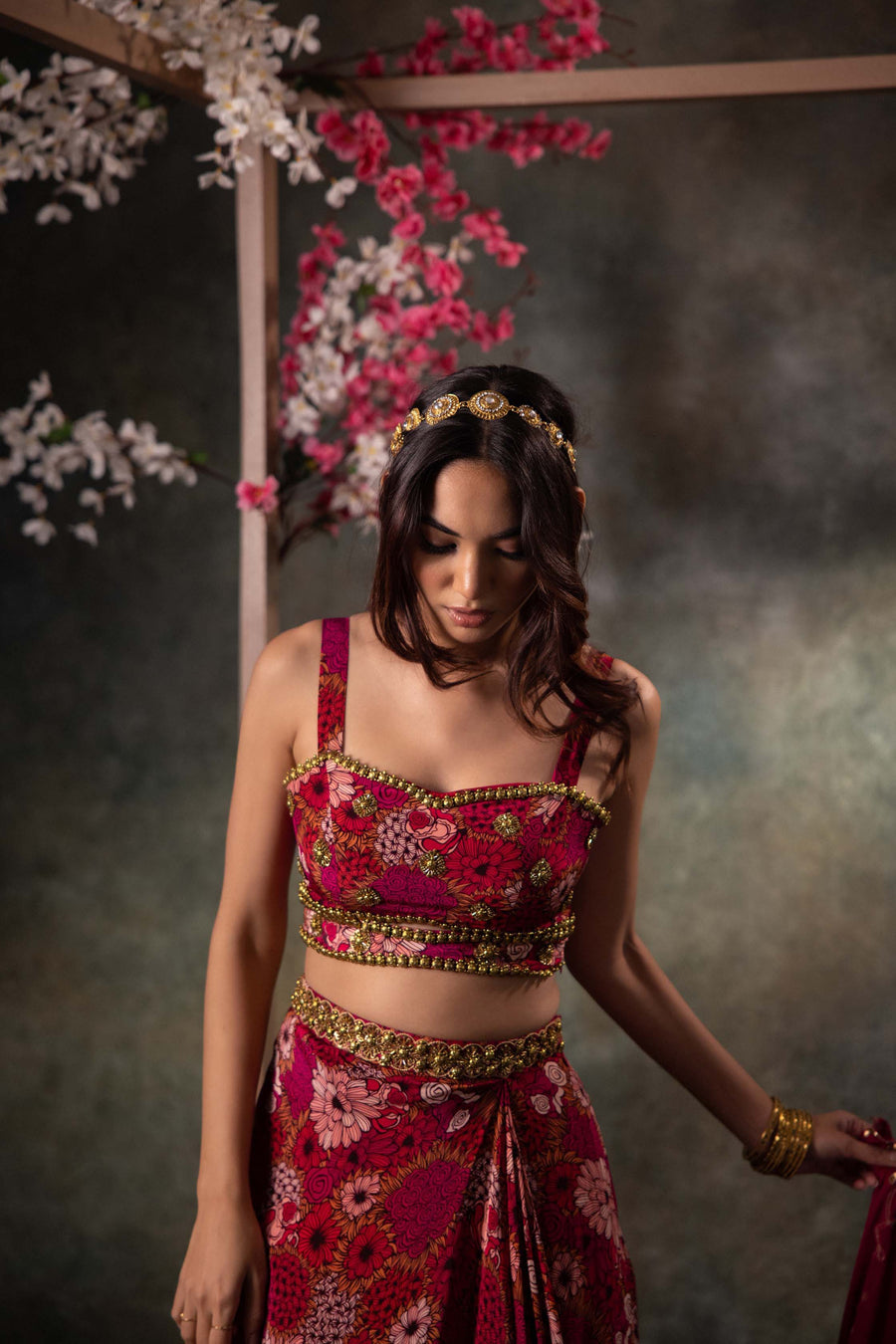 Pink Printed Choli, Skirt And Dupatta Set With Embroidery