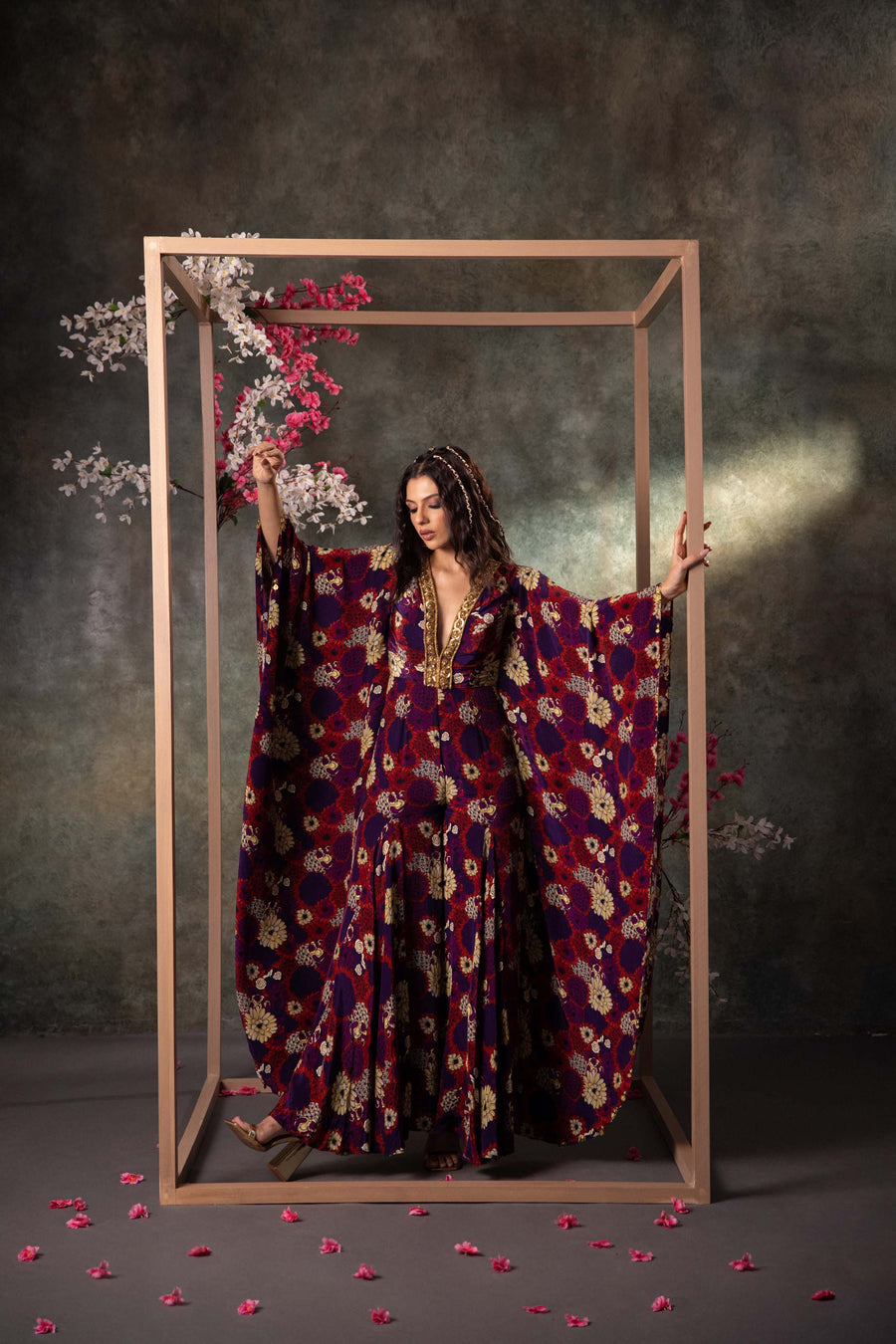 Purple Printed Kaftan Jumpsuit With Embroidery