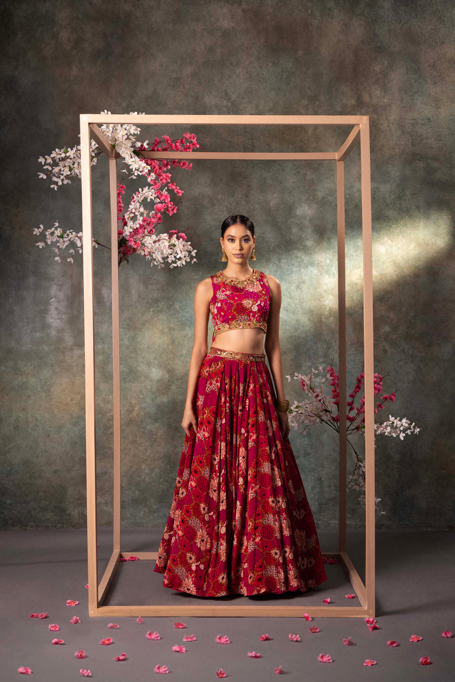 Pink Printed Backless Top And Lehenga Set With Embroidery