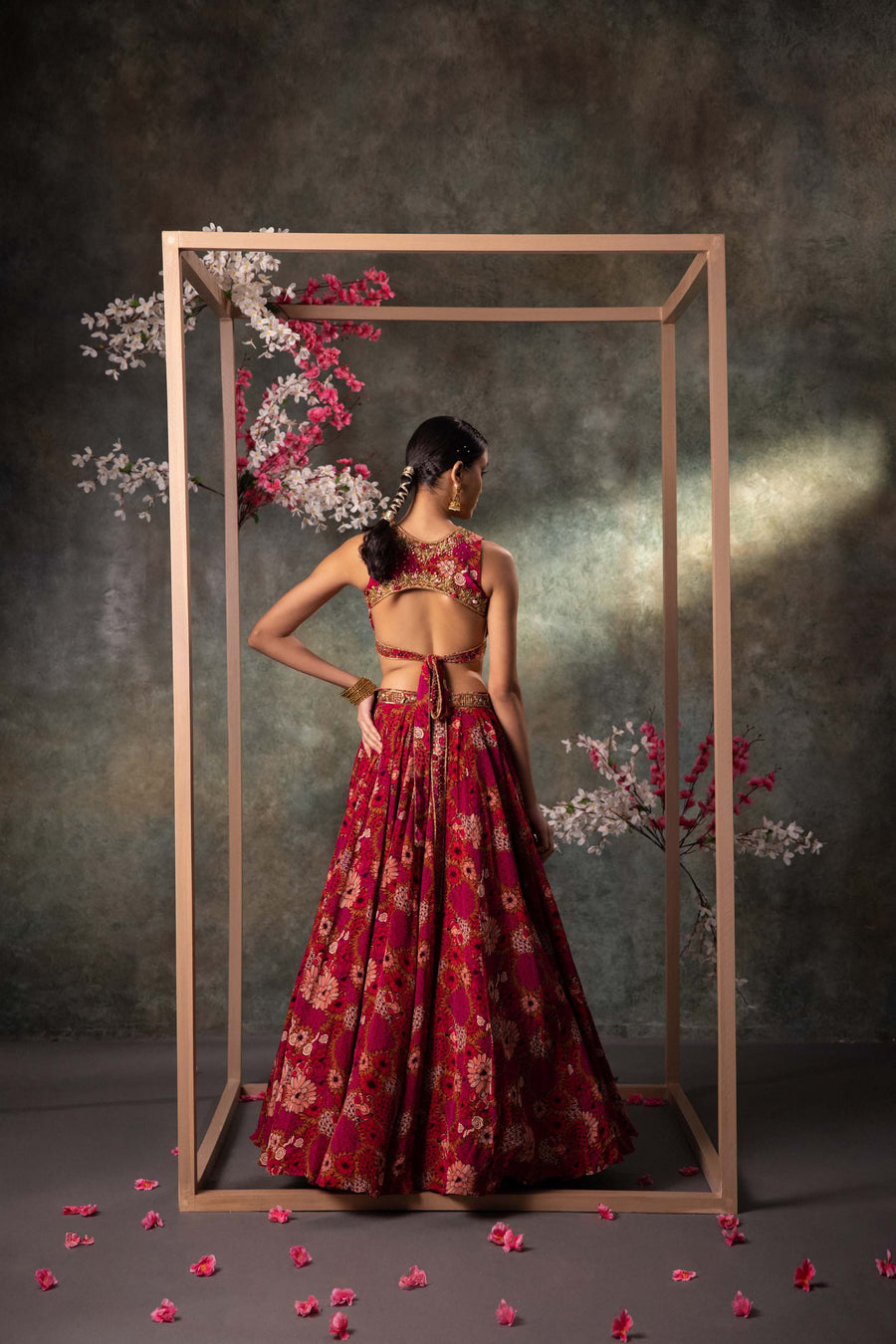 Pink Printed Backless Top And Lehenga Set With Embroidery