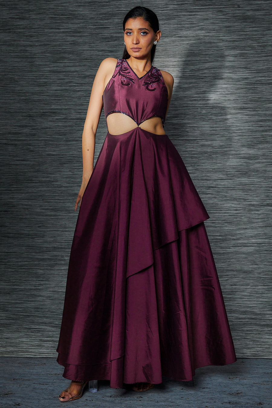 Wine Layered Cocktail Gown With Embroidery