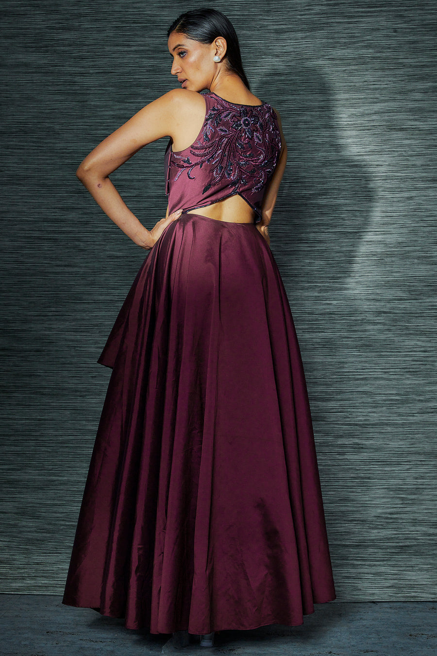 Wine Layered Cocktail Gown With Embroidery