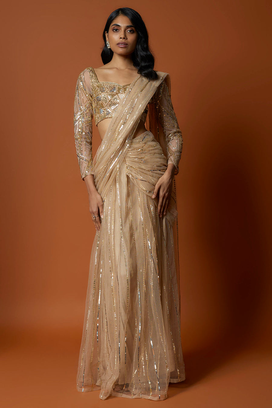 Gold Pre-Pleated Cocktail Saree Set
