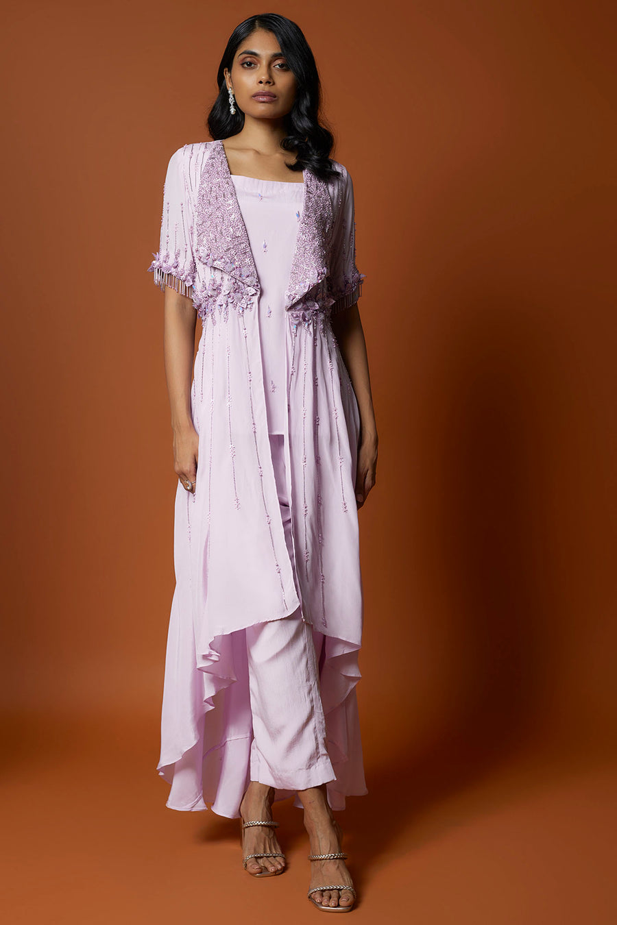 Lilac Embroidered Jacket, Top And Pants Set