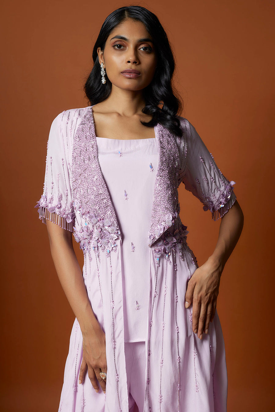 Lilac Embroidered Jacket, Top And Pants Set