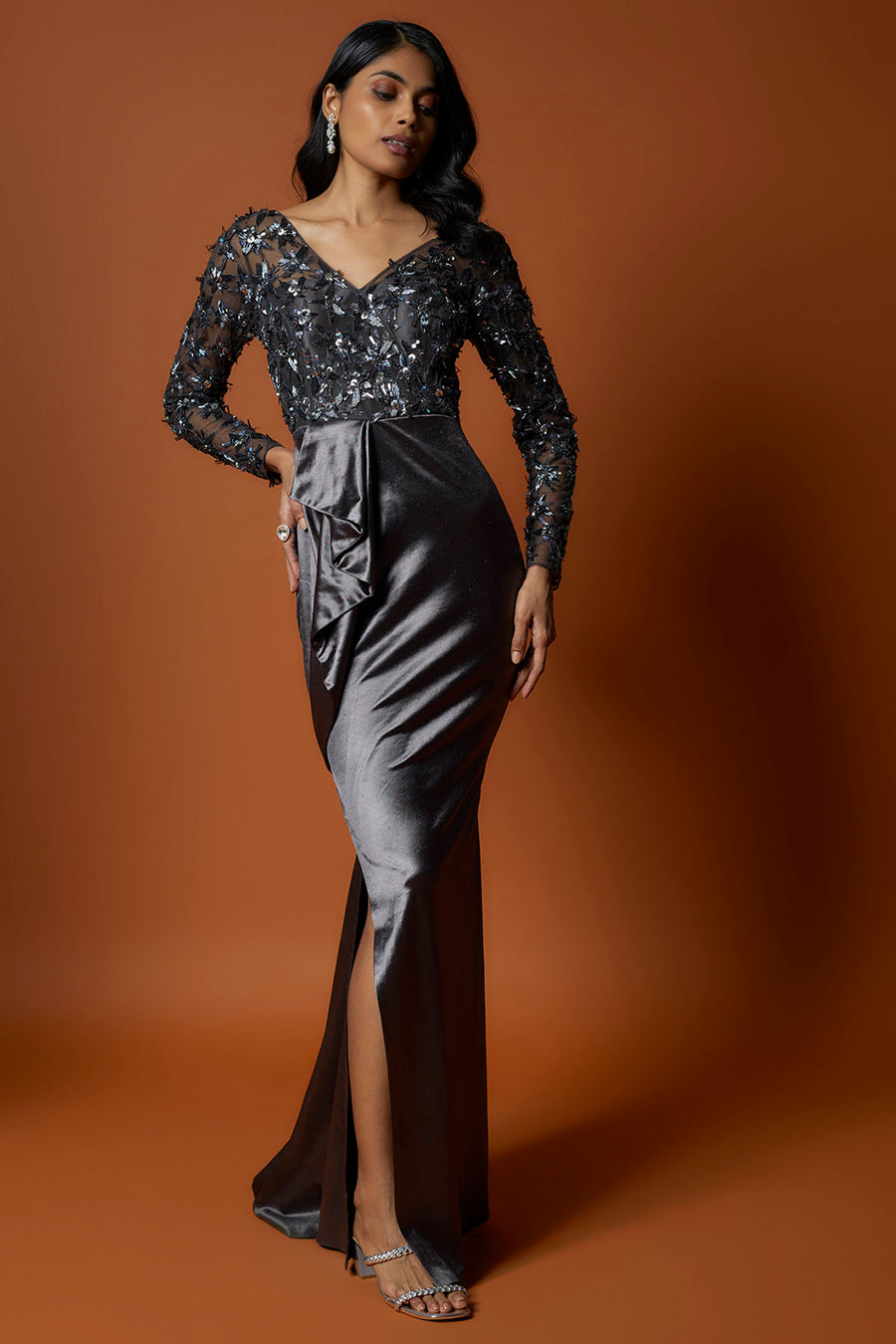 Steel Grey Embroidered Cocktail Gown