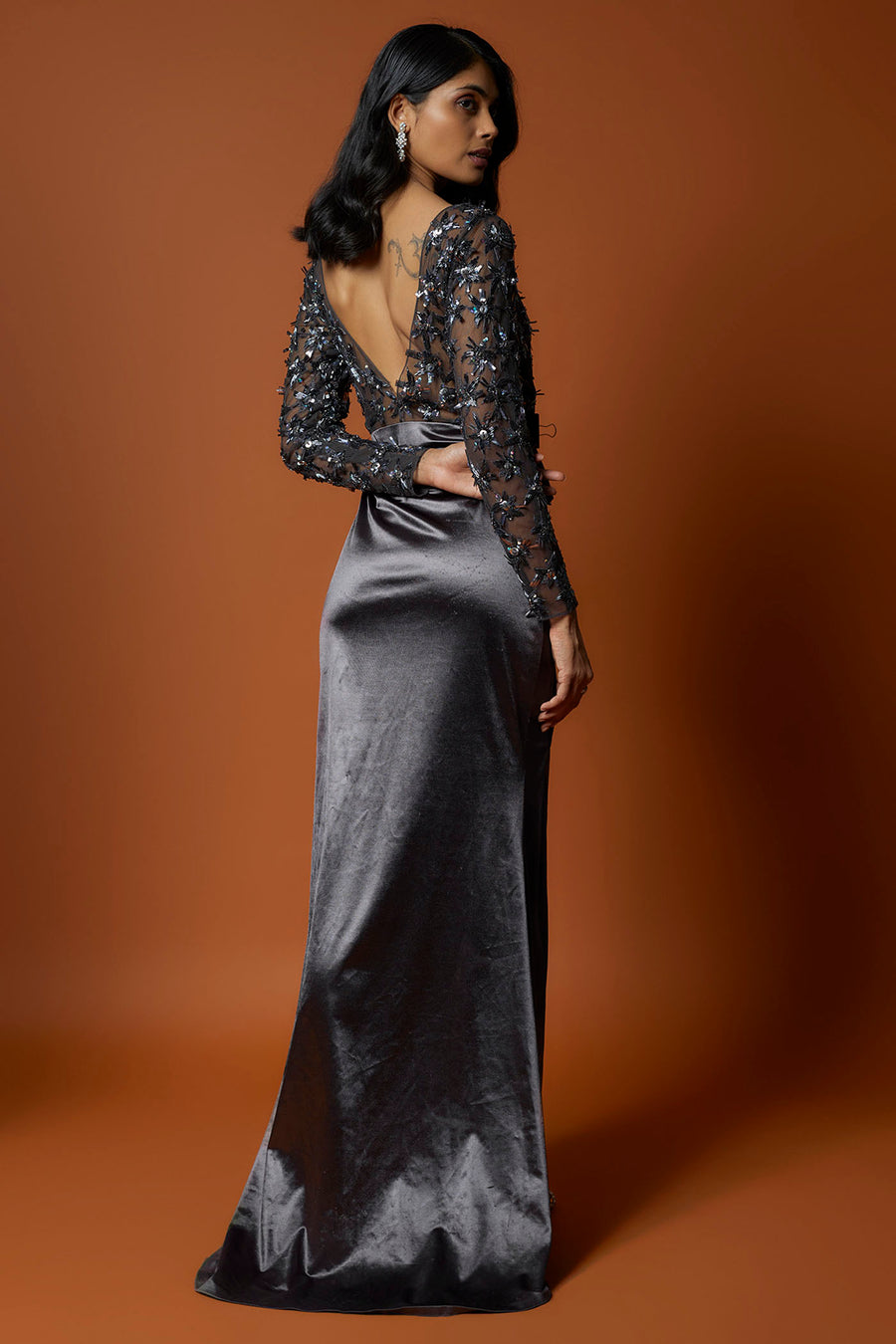 Steel Grey Embroidered Cocktail Gown