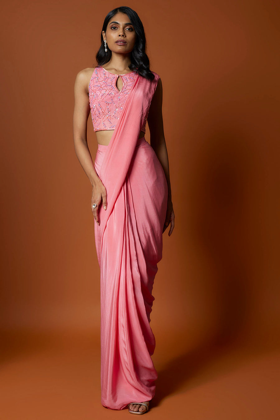 Coral Pink Pre Draped Sari Set