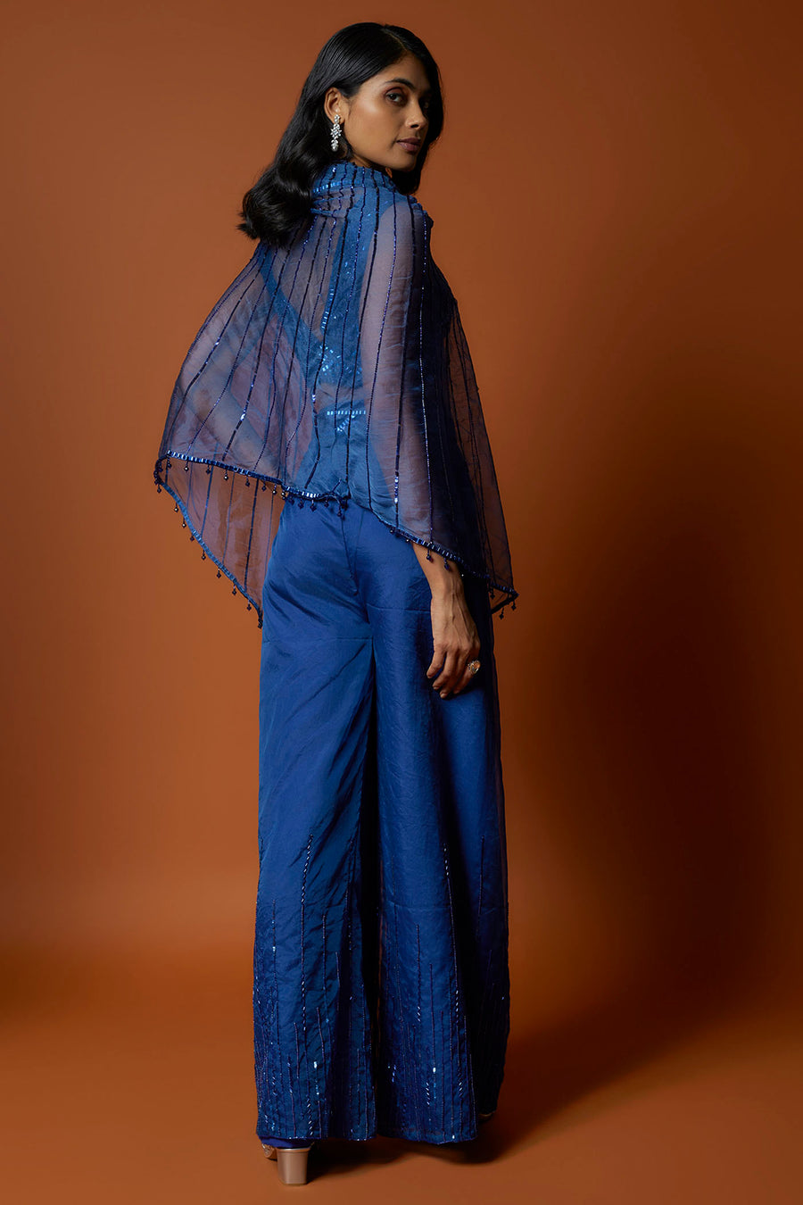 Royal Embroidered Blue Choli, Pants And Cape Set