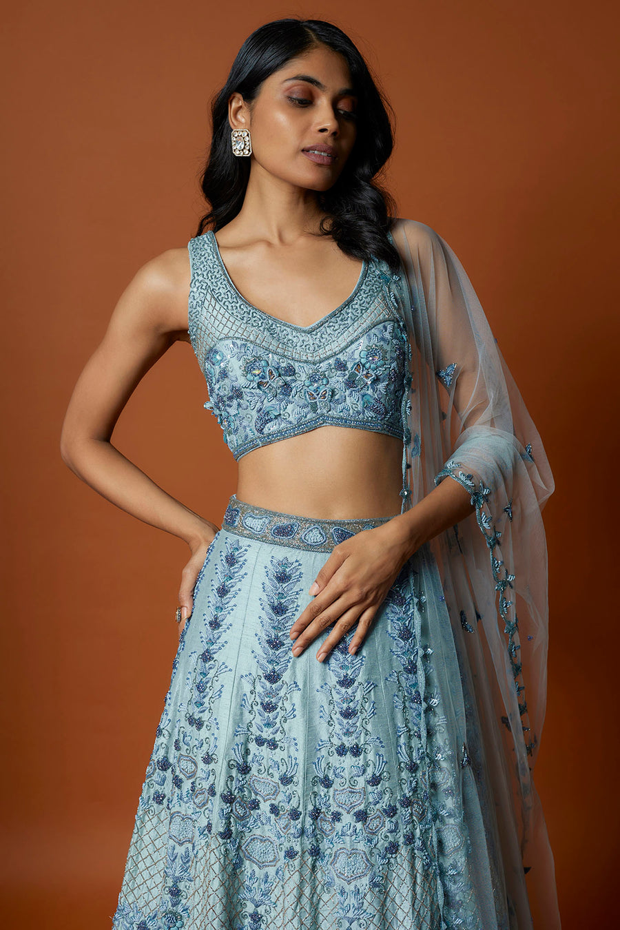 Sky Blue Embroidered Lehenga Set