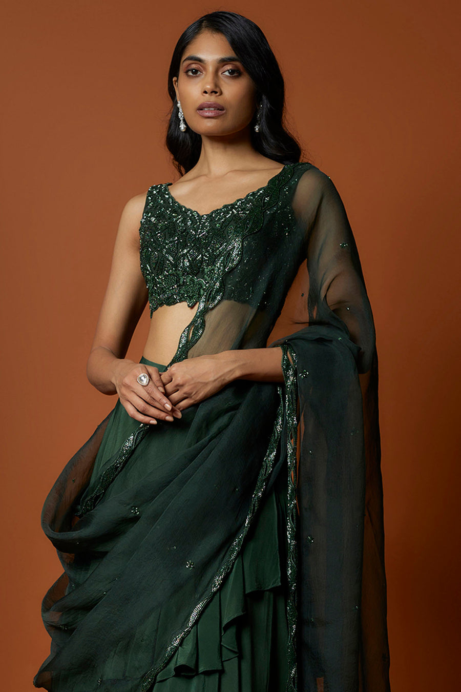 Forest Green Embroidered Choli, Skirt And Dupatta Set