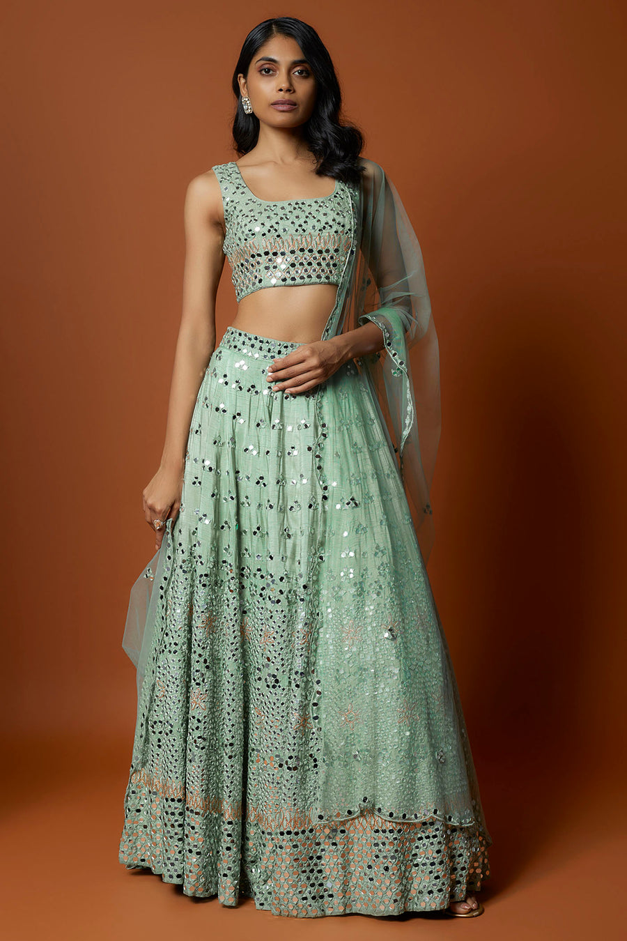 Sea Green Mirror Embroidered Lehenga Set