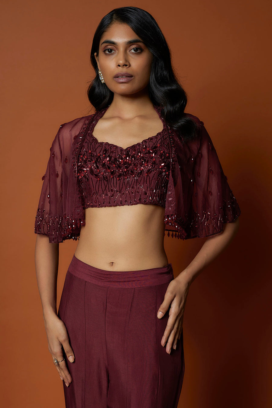 Maroon Red Embroidered Choli, Sharara, Short Jacket Set