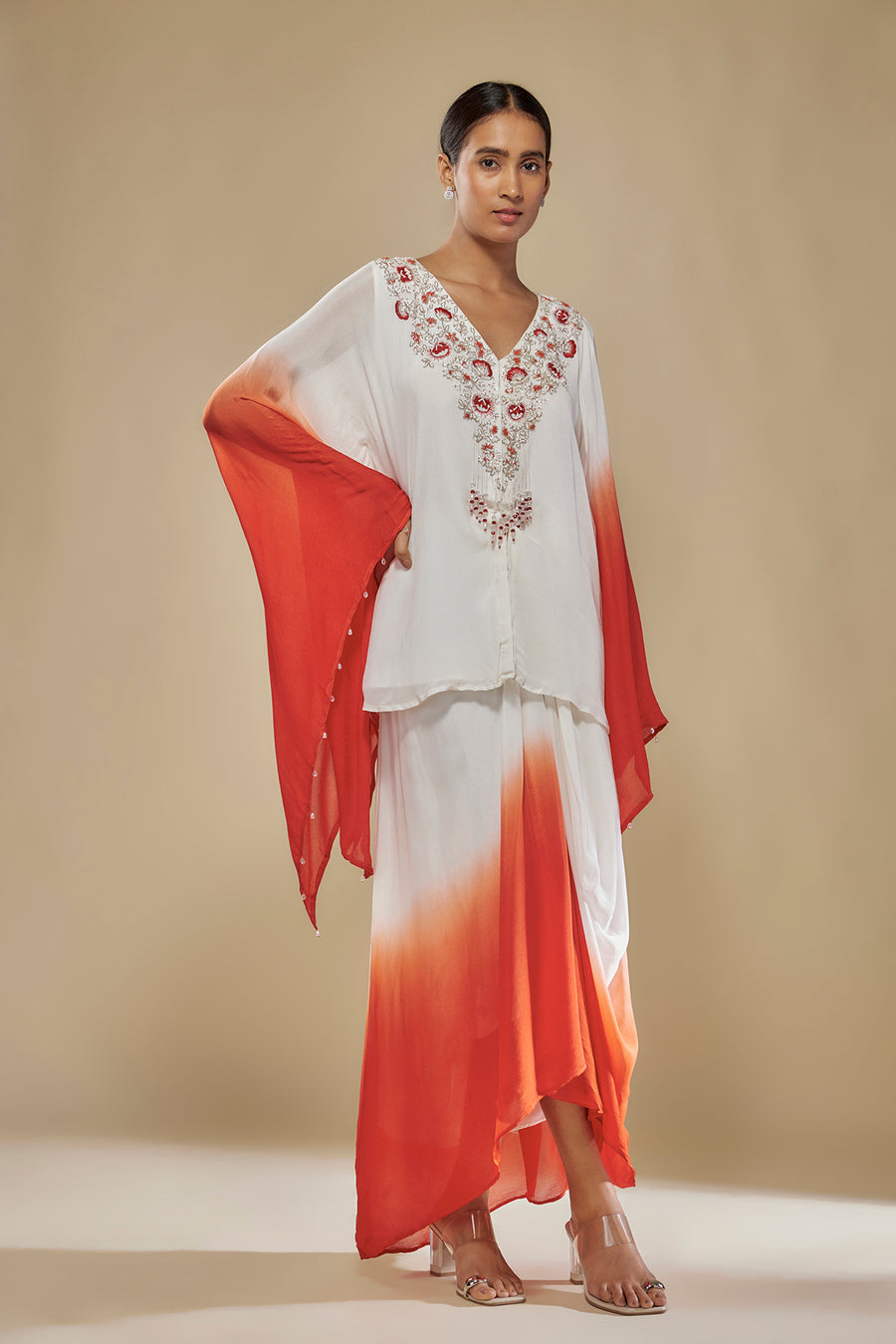 Ombre Kaftan Top And Draped Skirt Set