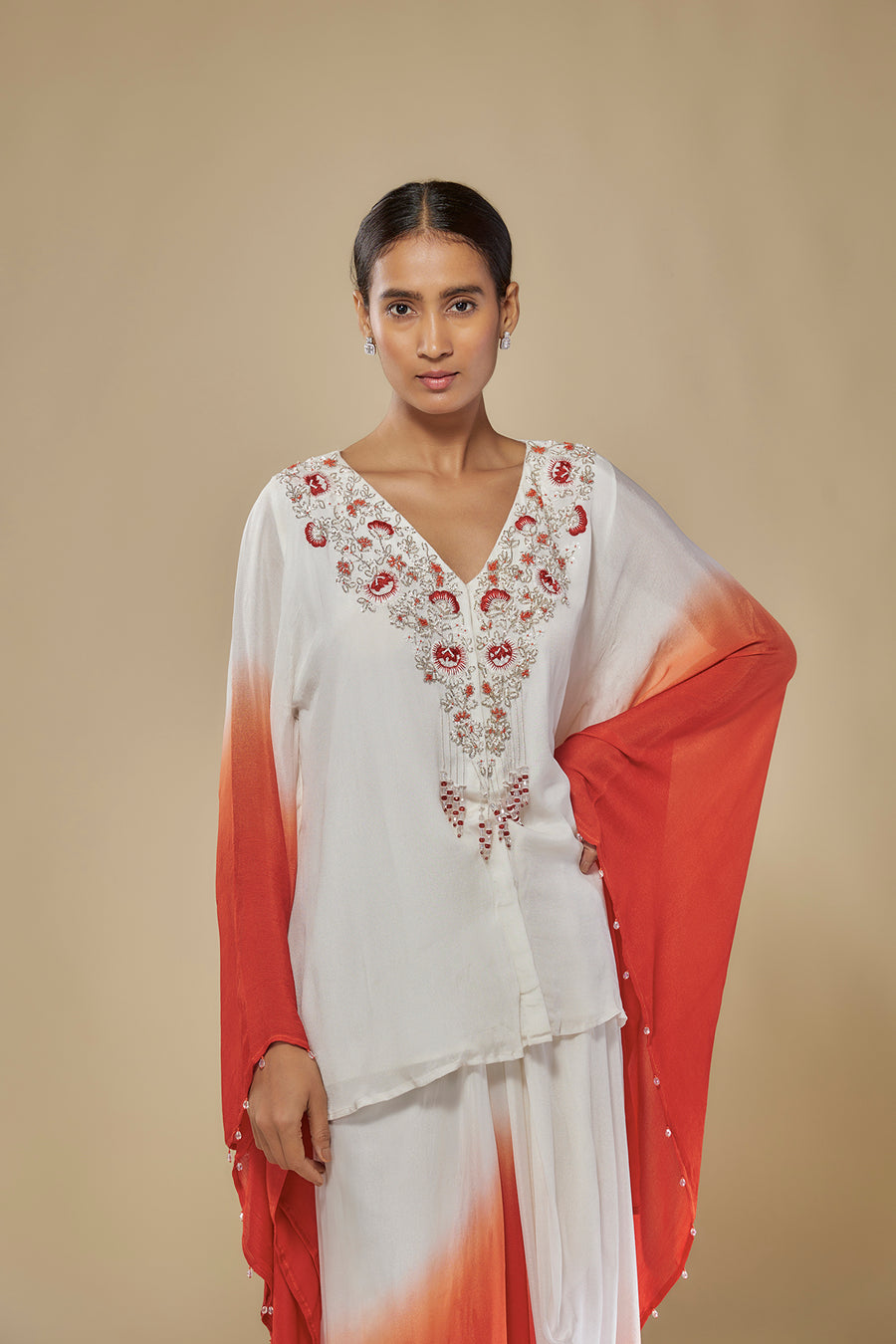 Ombre Kaftan Top And Draped Skirt Set