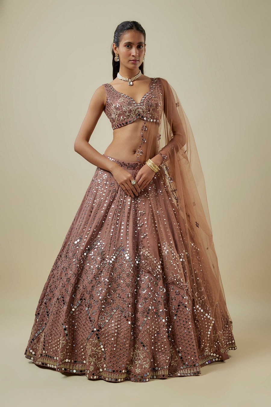 Dark Coffee Mirror Embroidered Choli, Lehenga And Dupatta Set (RTS)