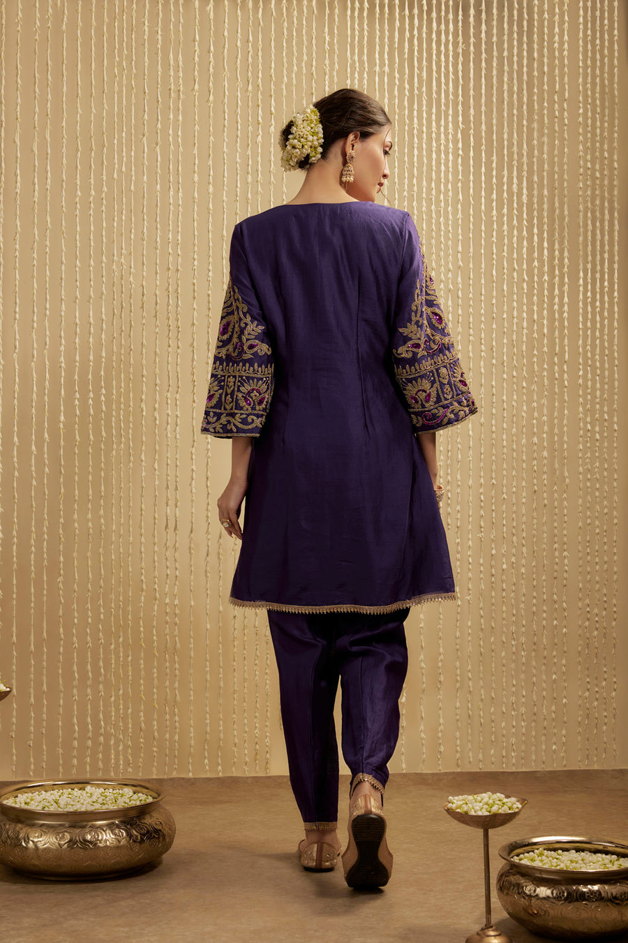 Purple Silk Chanderi Short Kurta And Pants Set