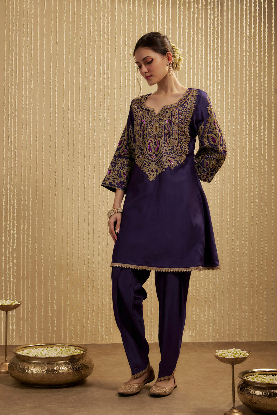 Purple Silk Chanderi Short Kurta And Pants Set