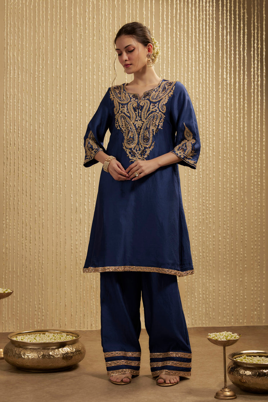 Royal Blue Silk Chanderi Short Kurta Pants Set