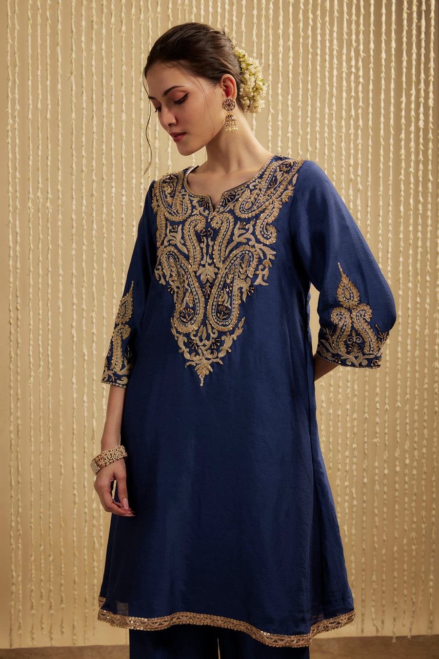 Royal Blue Silk Chanderi Short Kurta Pants Set